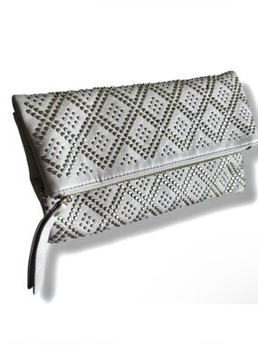 Madison West Gray Studded Foldover Clutch Crossbody Vegan Leather Envelope Bag
